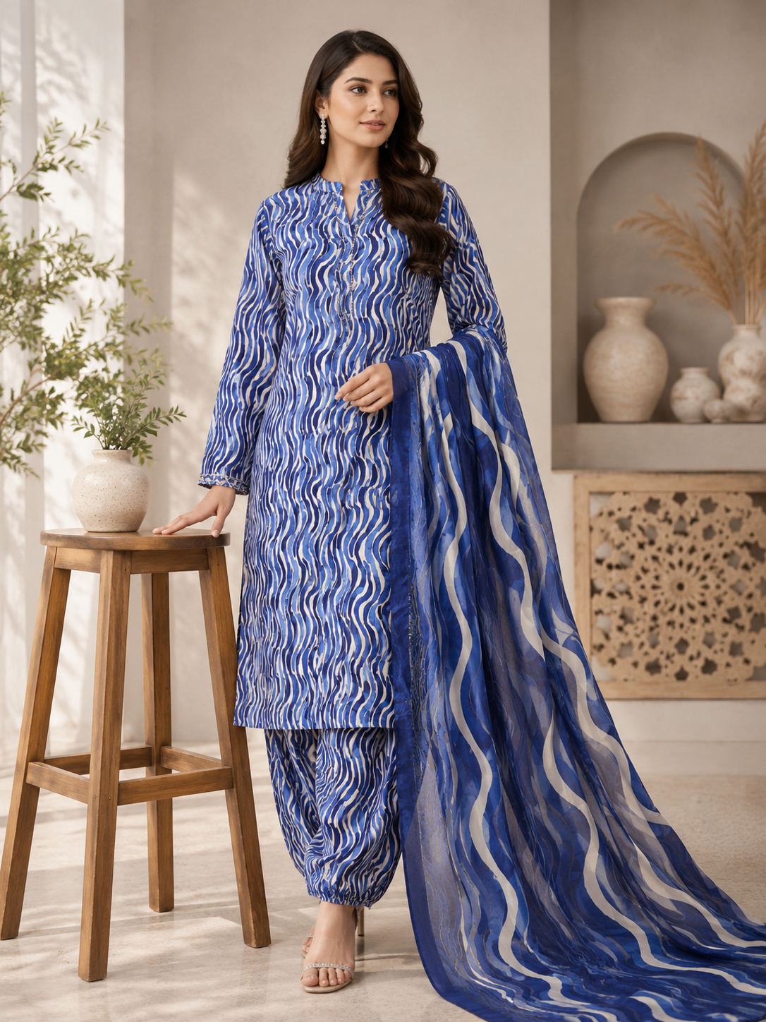 3 Piece - Printed Lawn Suit With Chiffon Dupatta