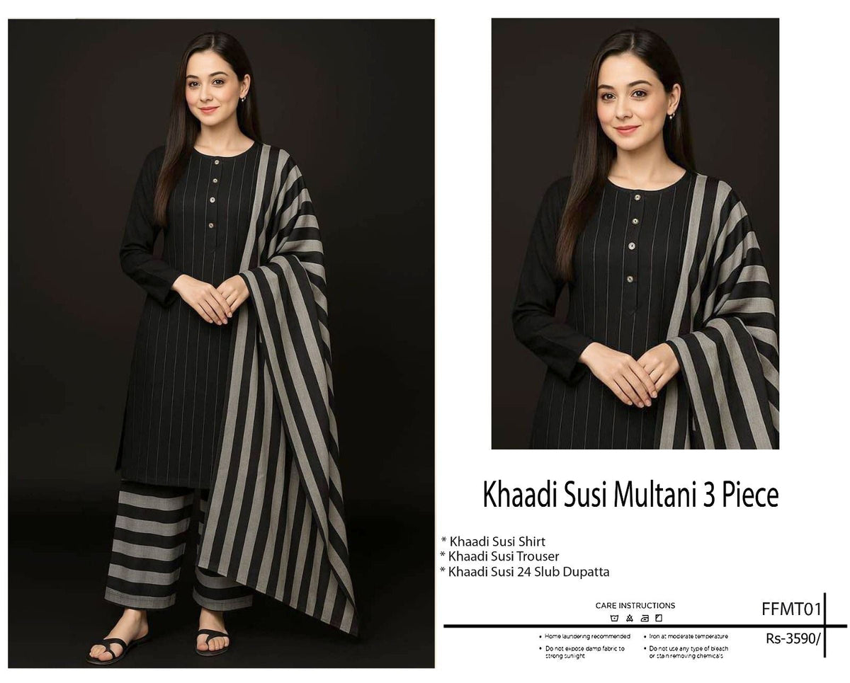 KHAADI LAWN 3-PC  UNSTITCHED (D-201) Black