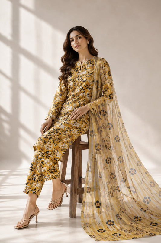 3 Piece Unstitched Lawn Suit / Bamber Dupatta