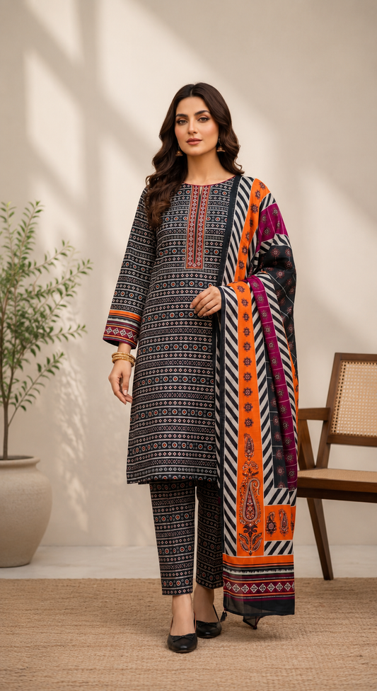 3 Piece-Lawn Suit With Bamber Dupatta
