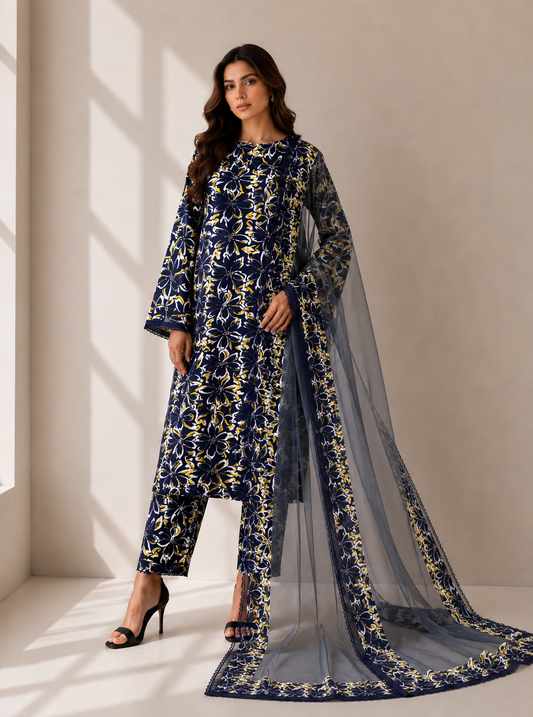 3 Piece -Lawn Suit With Bamber Dupatta