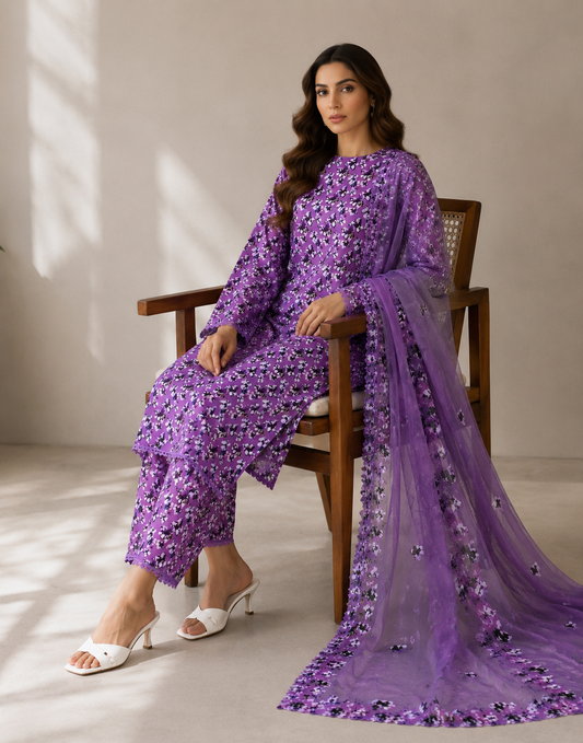 3 Piece - Printed Lawn Suit With Bamber Dupatta