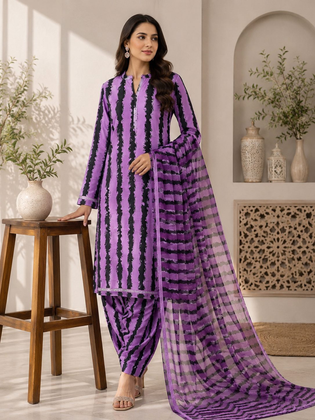 3 Piece - Printed Lawn Suit With Voile Dupatta
