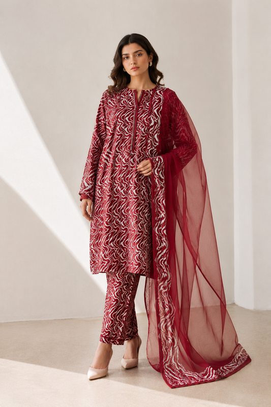 3 Piece-Lawn Suit With Bamber Dupatta