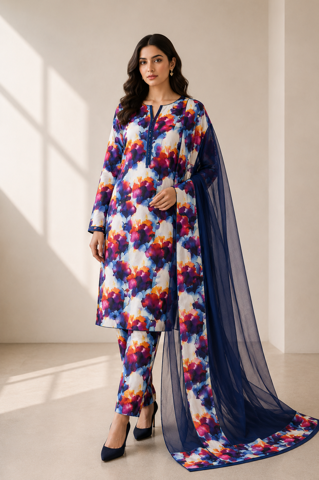 3 Piece-Lawn Suit With Bamber Dupatta