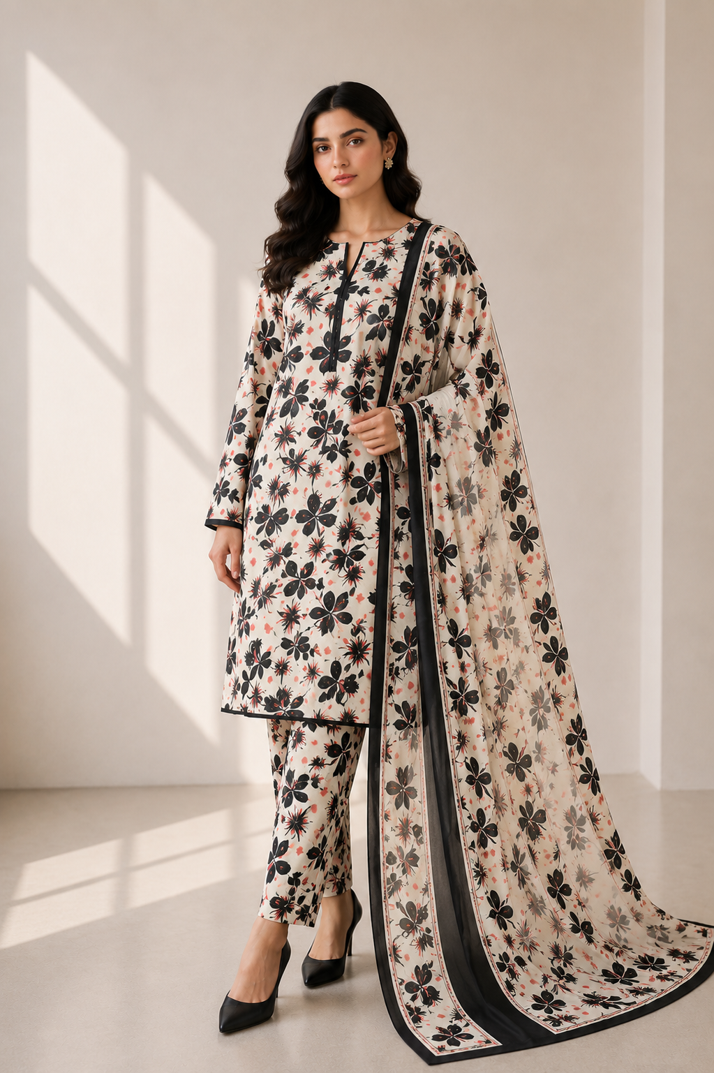 3 Piece-Lawn Suit With Voile Dupatta