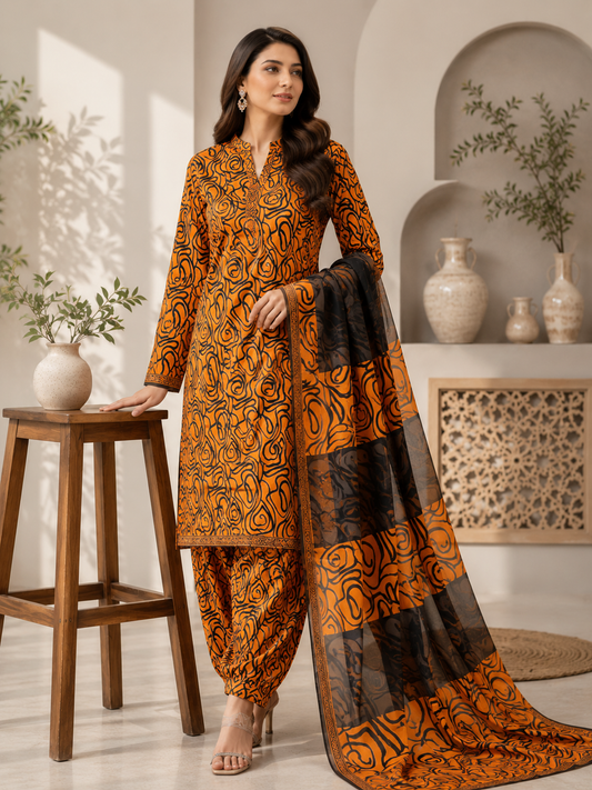 3 Piece - Printed Lawn Suit With Bamber Dupatta